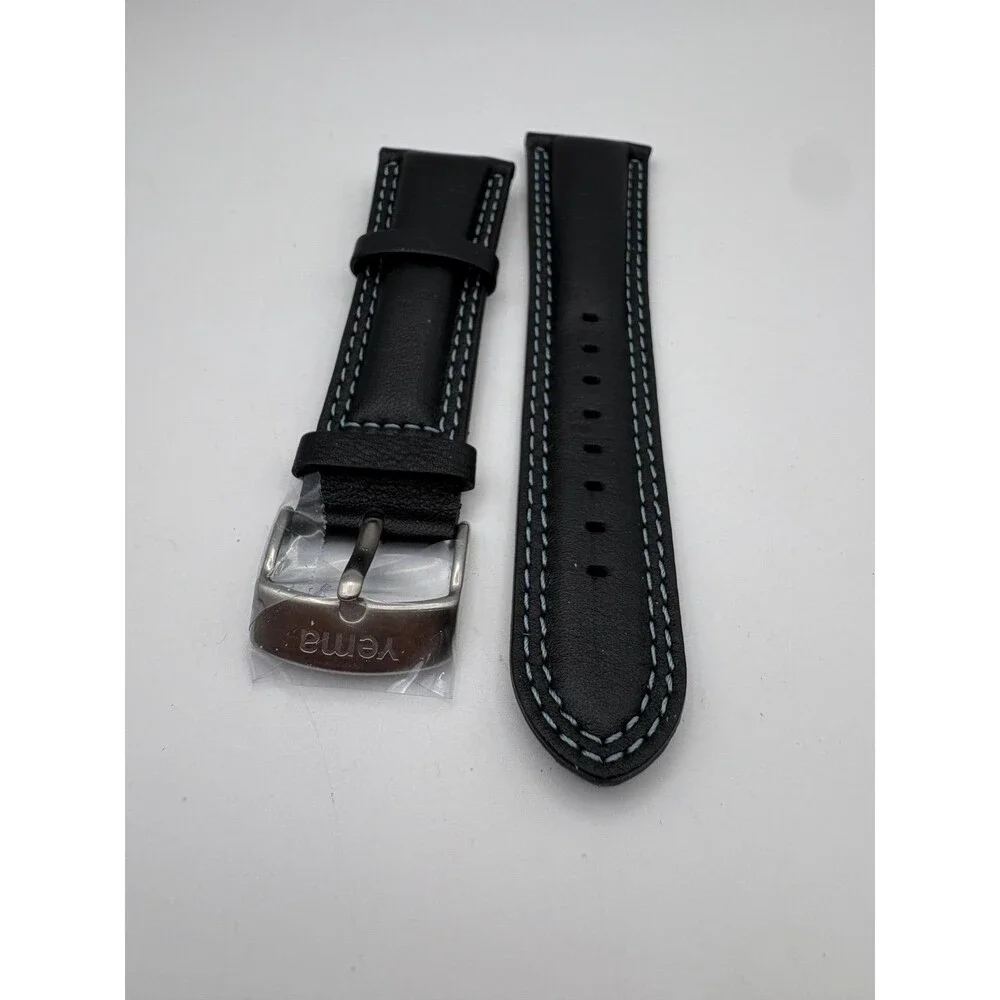 New OEM Yema Black Genuine Leather Watch Strap | Blue Stitching 20mm Stainless